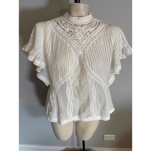FARM Rio Tops - Farm Rio White Cotton Crochet Lace Pintuck Blouse Mock Neck Flutter Sleeve M